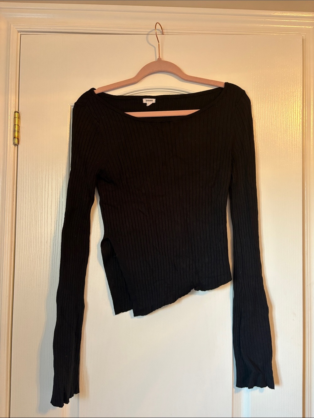 Garage Black Ribbed Long-Sleeve Asymmetric Top